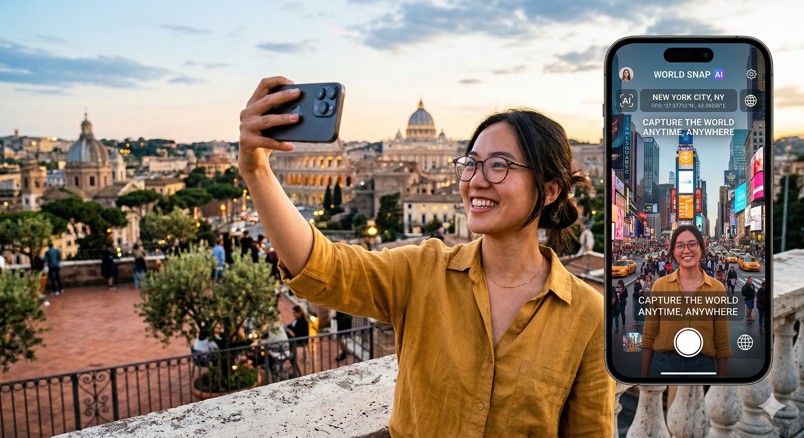 Travel app concept showing AI location-based selfie generation